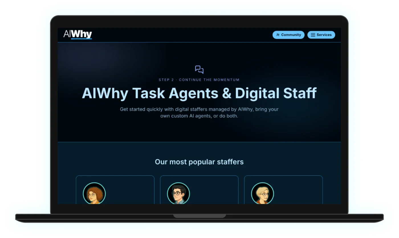 AIWhy Task Agents and Digital Staff page on desktop