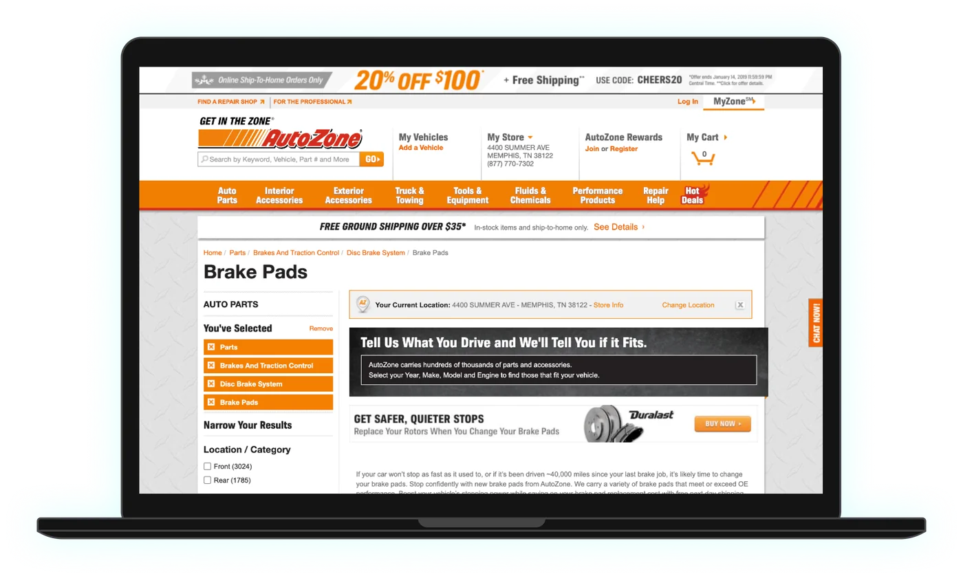 AutoZone.com before the relaunch: Product list