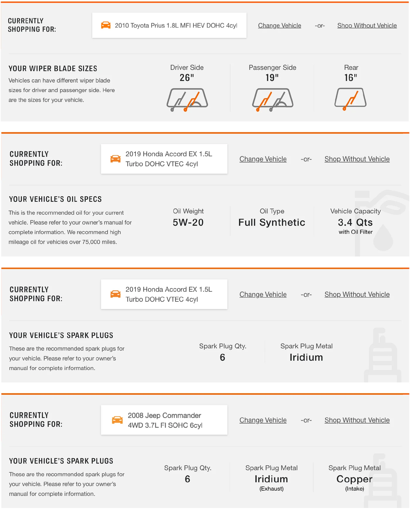 Product Finder on desktop: wiper sizes, oil specs, and spark plugs for different vehicles