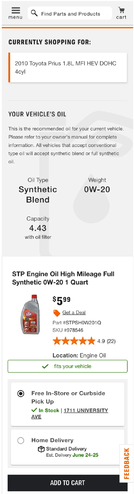 Product Finder in production on mobile, above an oil product with a fits your vehicle tag