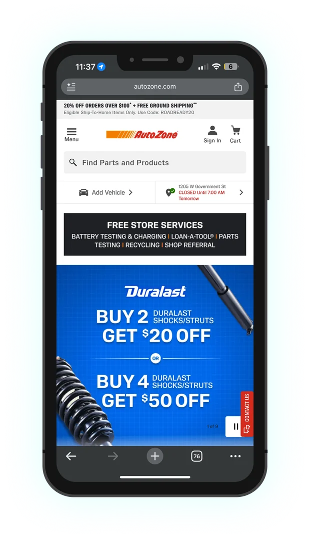 AutoZone.com home page on mobile