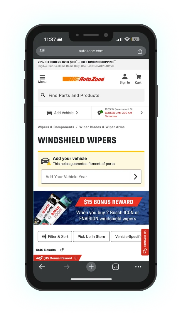 AutoZone.com windshield wipers list on mobile, prompting to add a vehicle