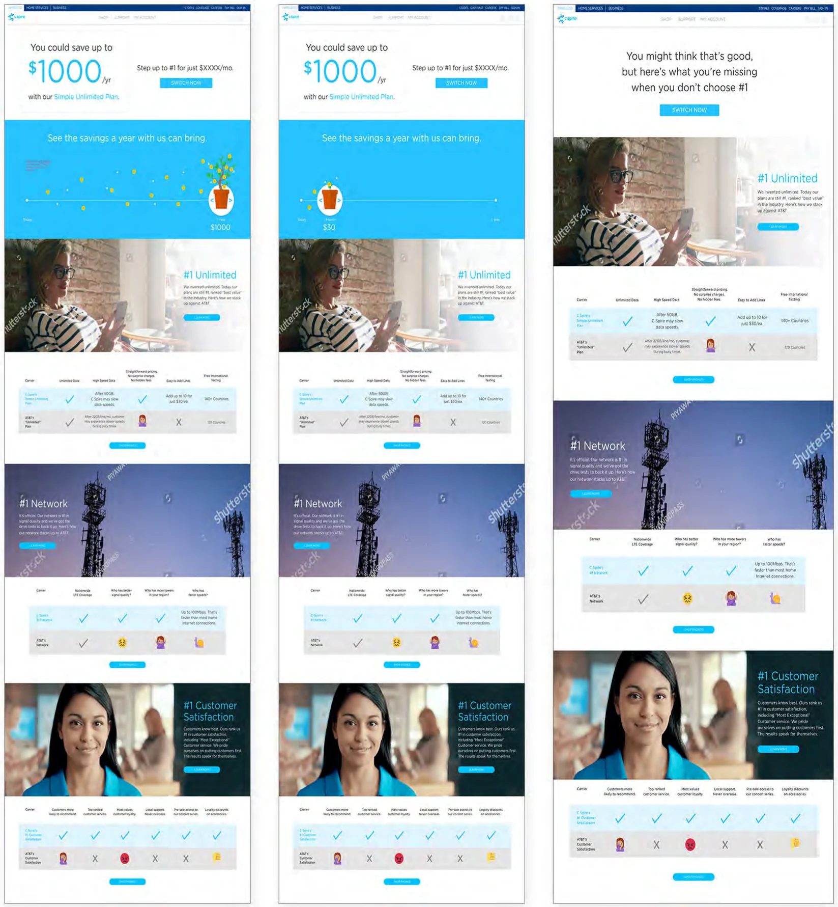 Results pages showing yearly savings with a growing plant, and an alternate page when C Spire isn't cheaper