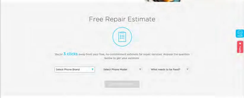 Free repair estimate with three dropdowns: phone brand, model, and what needs fixing