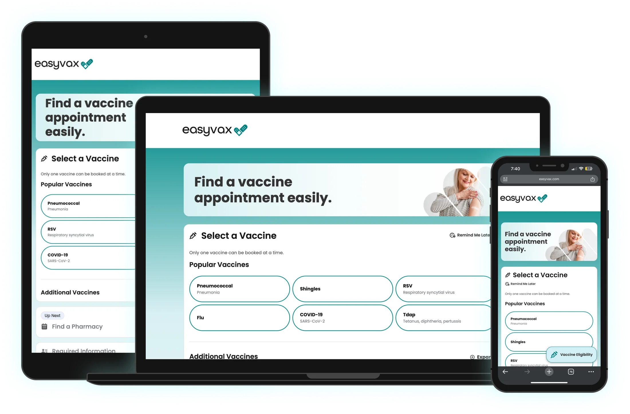 EasyVax redesign shown on desktop, iPad, and phone
