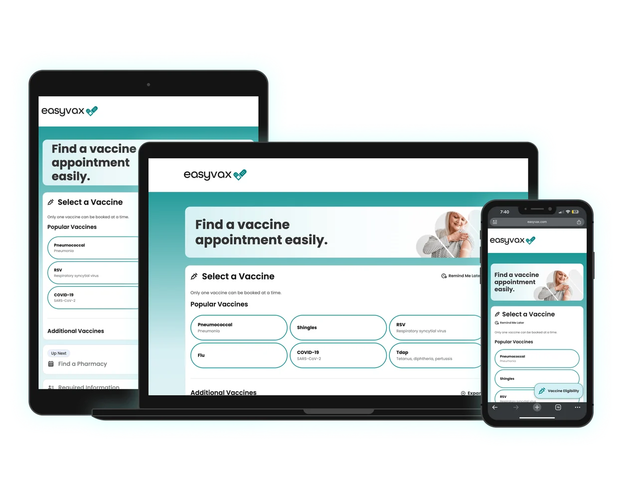 EasyVax redesign on desktop, iPad, and phone