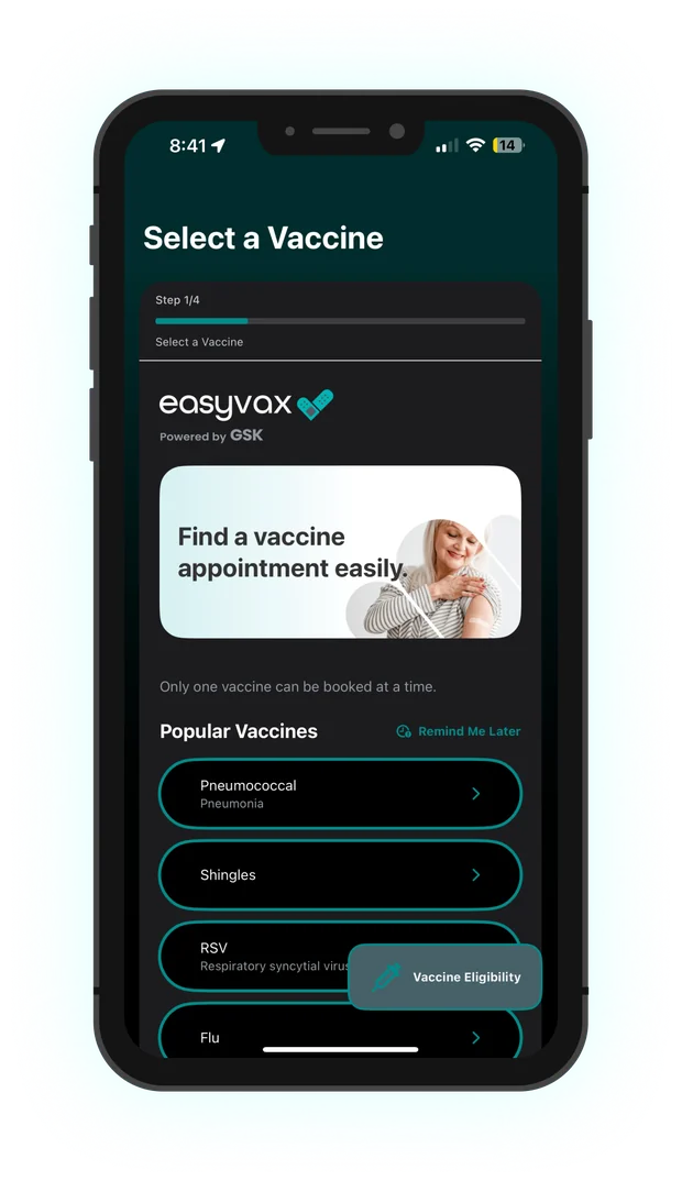 EasyVax vaccine selection in the iOS app, dark mode