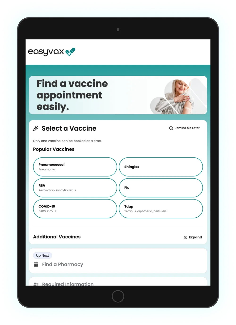EasyVax vaccine selection on iPad