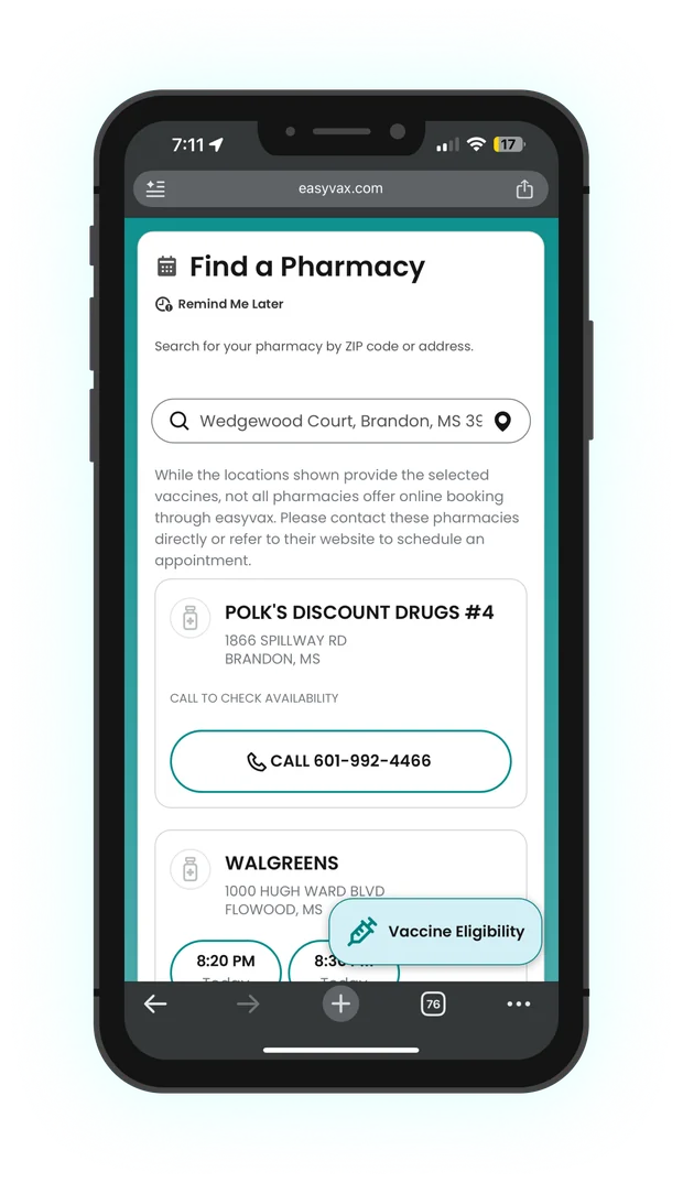 EasyVax step 2 on mobile web: Find a pharmacy