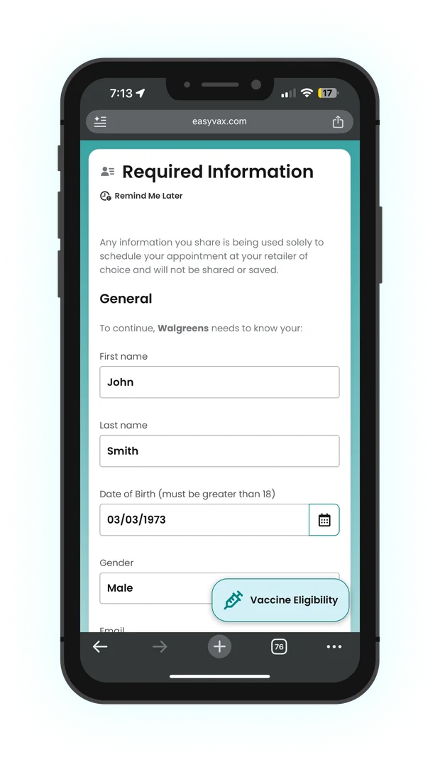EasyVax step 3 on mobile web: Your information