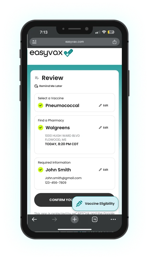 EasyVax step 4 on mobile web: Review and confirm