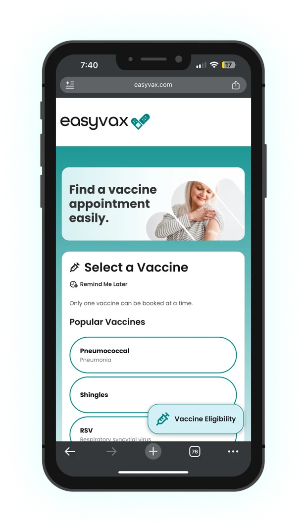 EasyVax step 1 on mobile web: Choose a vaccine