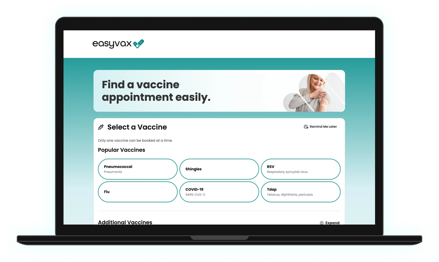 EasyVax vaccine selection on desktop web