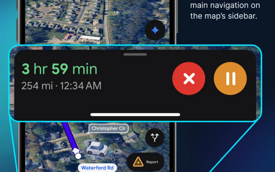 Google Maps navigation bar with a new pause button next to Exit