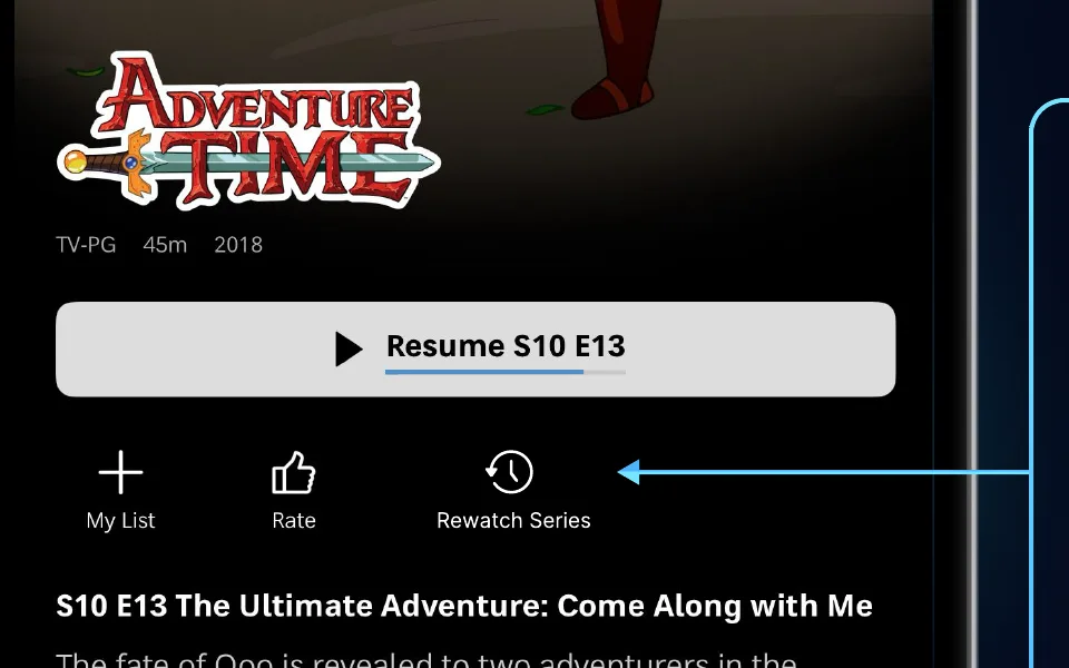 HBO Max show page with a new Rewatch Series action next to My List and Rate