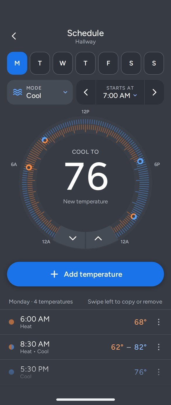 Redesigned schedule screen: day buttons, mode and start time controls, and a 24-hour dial with orange and blue temperature dots