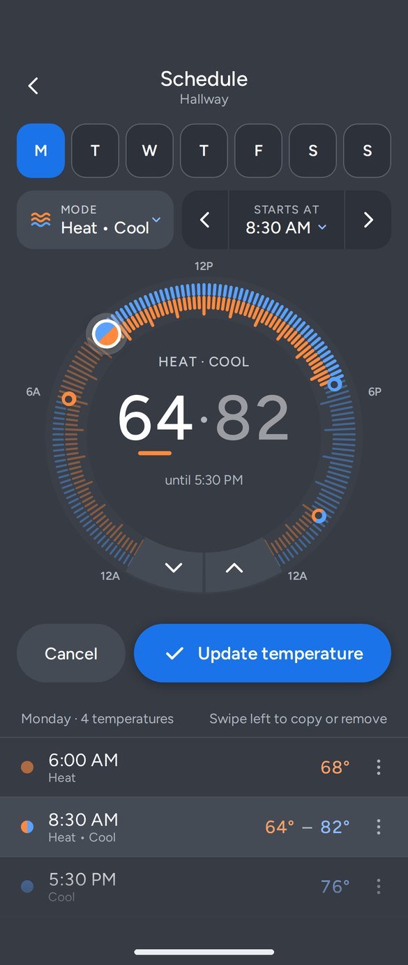 Editing the 8:30 AM Heat and Cool temperature, set to 64 and 82, with Cancel and Update temperature buttons