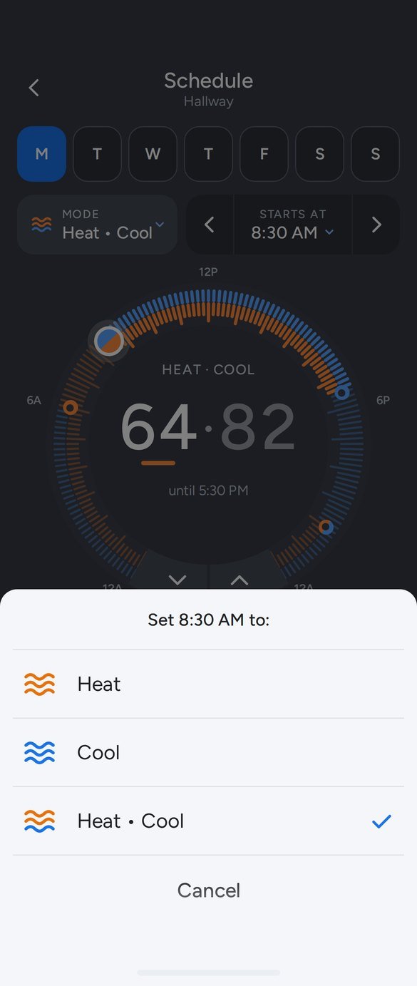 Mode sheet listing Heat, Cool, and Heat and Cool