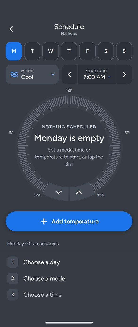 Empty schedule with three steps: choose a day, choose a mode, choose a time