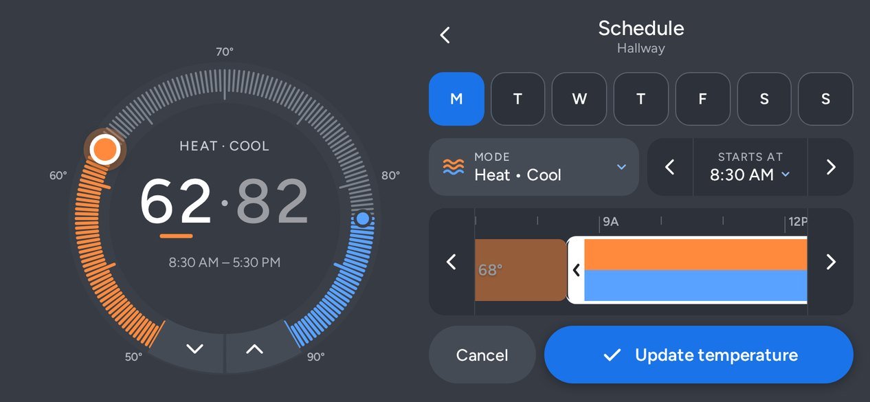 Direction B in landscape: temperature dial on the left, timeline with a selected block and Update temperature on the right