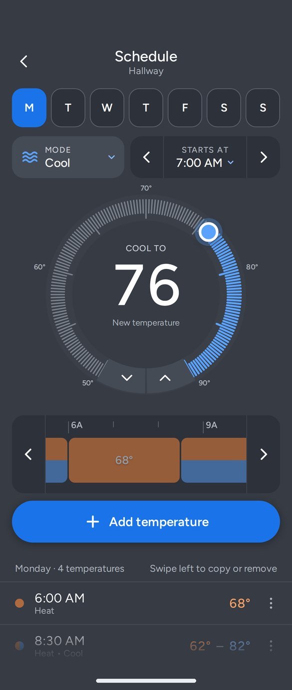 Option B with a temperature dial from 50 to 90 degrees and a scrollable day timeline