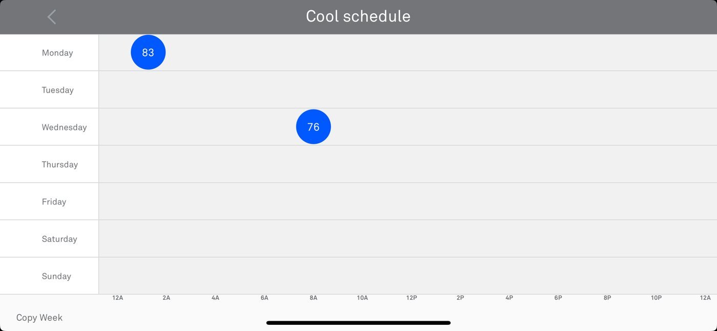 Current Cool schedule week grid in landscape with two blue temperature bubbles